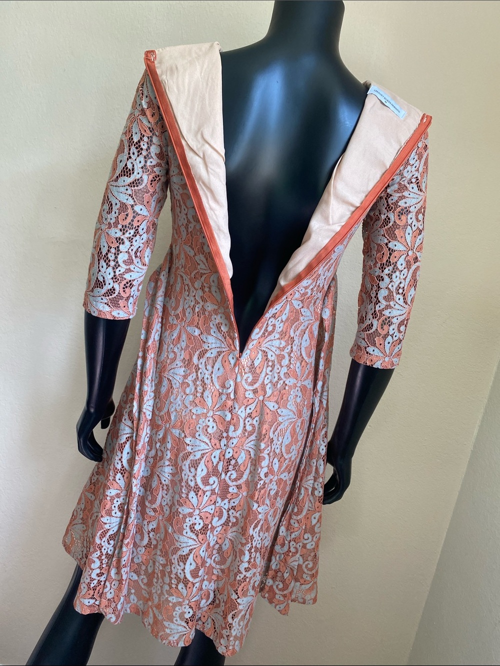 Women's Lace Overlay Fit-and-Flare Dress in Rust Orange and Light Blue - Picture 9 of 13